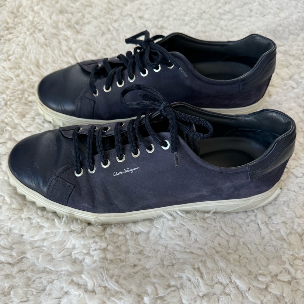 Navy & white lace up leather Salvatore Ferragamo sneakers